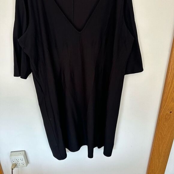 Eileen Fisher Vintage Women Black Deep V Neck Crepe 3/4 Sleeve Aline Sheath Dres - Picture 4 of 9